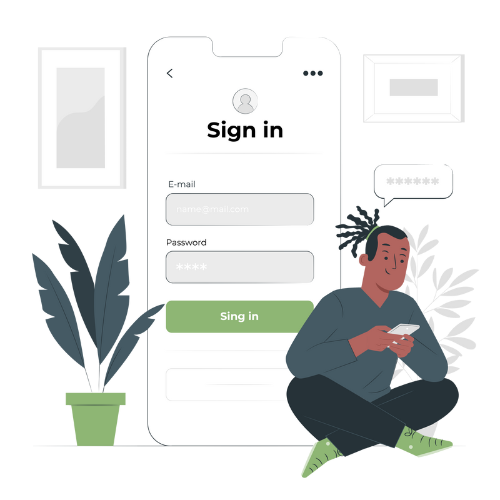 Animated image of a man sitting in front of a large phone with an app login page.
