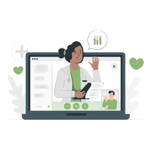 Animated image of a laptop with pharmacist on video call