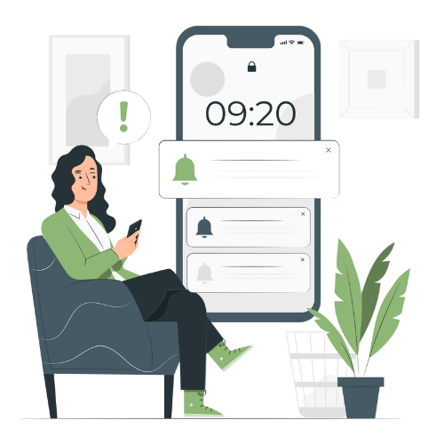 Animated image of a woman checking notifications on her phone.