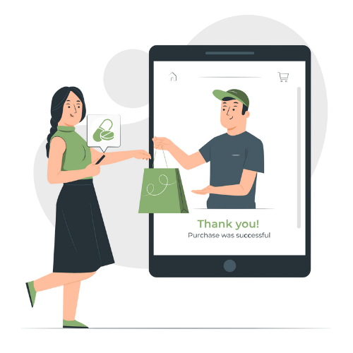 Animated image of a man inside a tablet dispensing prescription to a woman